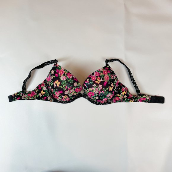 NWOT Victoria's Secret Bra 34D Push-Up Black Floral Polka Dot B982 - Picture 2 of 8